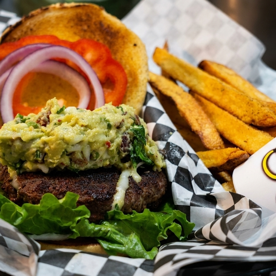 Loaded burger topped with guacamole, lettuce, tomato, and red onion, served with seasoned fries in a checkered-lined basket.