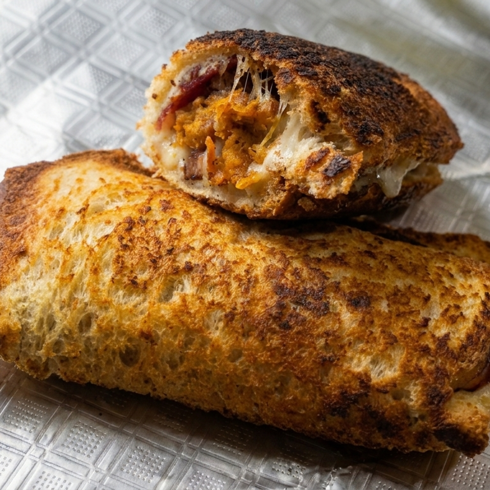 Two golden-brown stuffed pastries on patterned paper, one cut open to reveal melted cheese and savory filling.