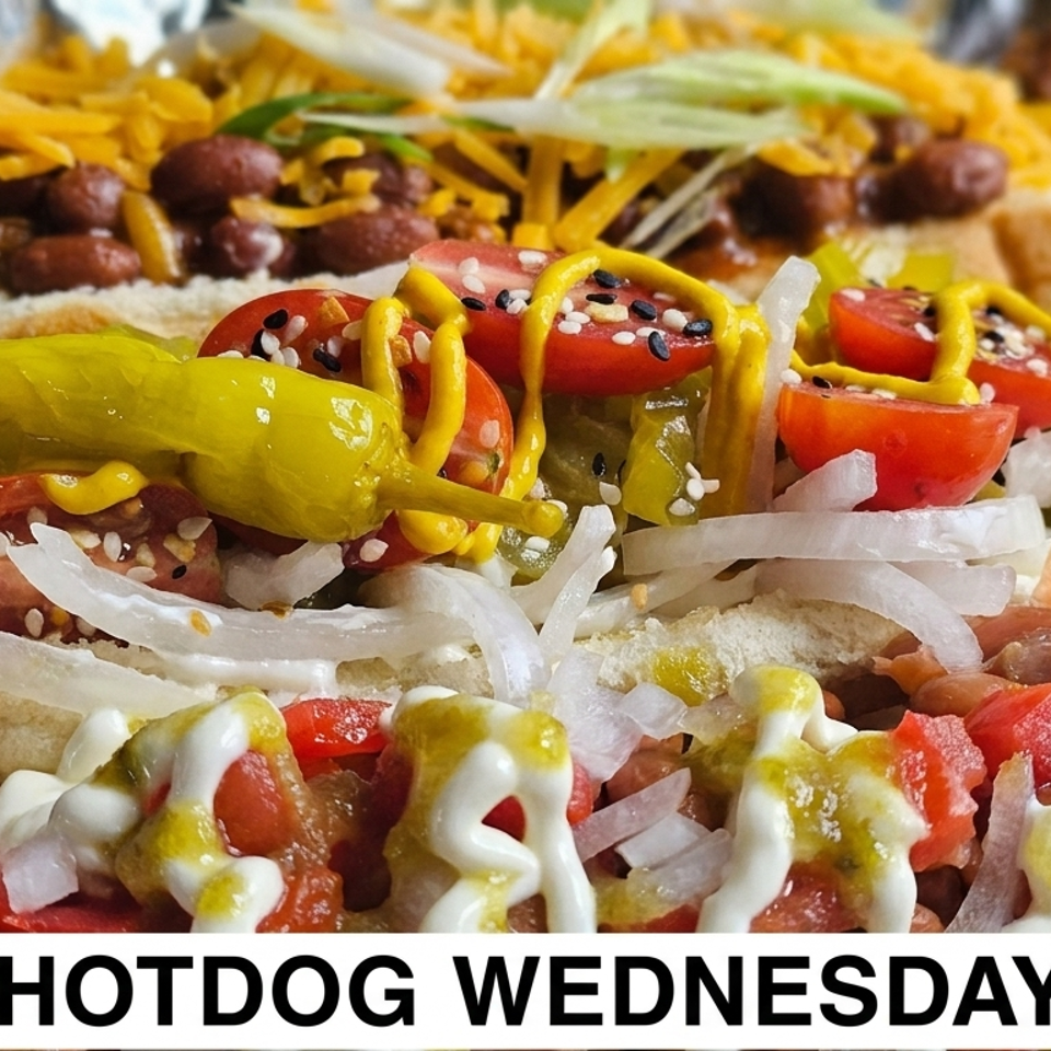 Loaded hot dogs topped with beans, tomatoes, onions, pickled peppers, mustard, mayonnaise, and sesame seeds.