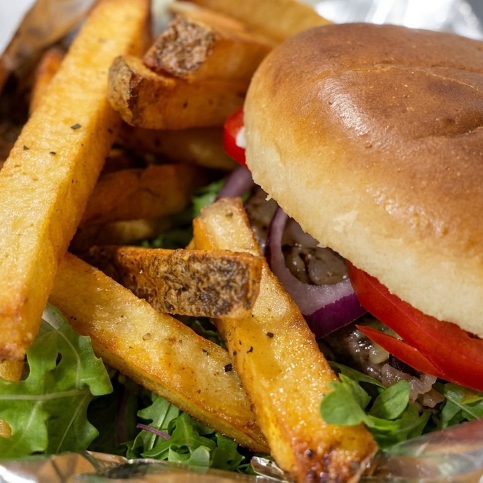 Burger with tomato, red onion, greens, and grilled vegetables served alongside golden skin-on fries in foil.